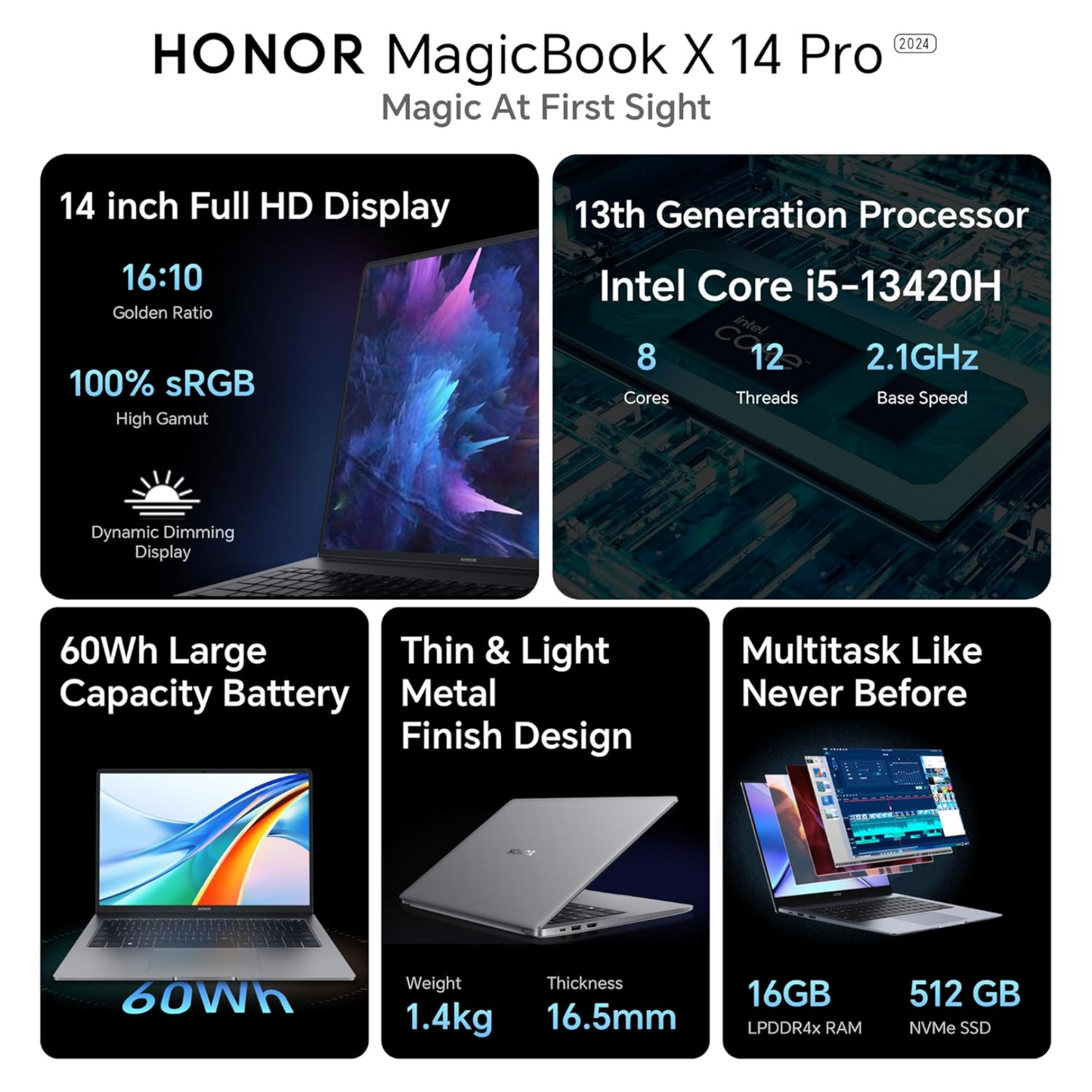 HONOR MagicBook X14 Pro 2024, 13th Gen Intel Core i5-13420H (16GB/512GB NVMe SSD, 14-inch FHD IPS Anti-Glare Thin and Light Laptop/Windows - Get Like New