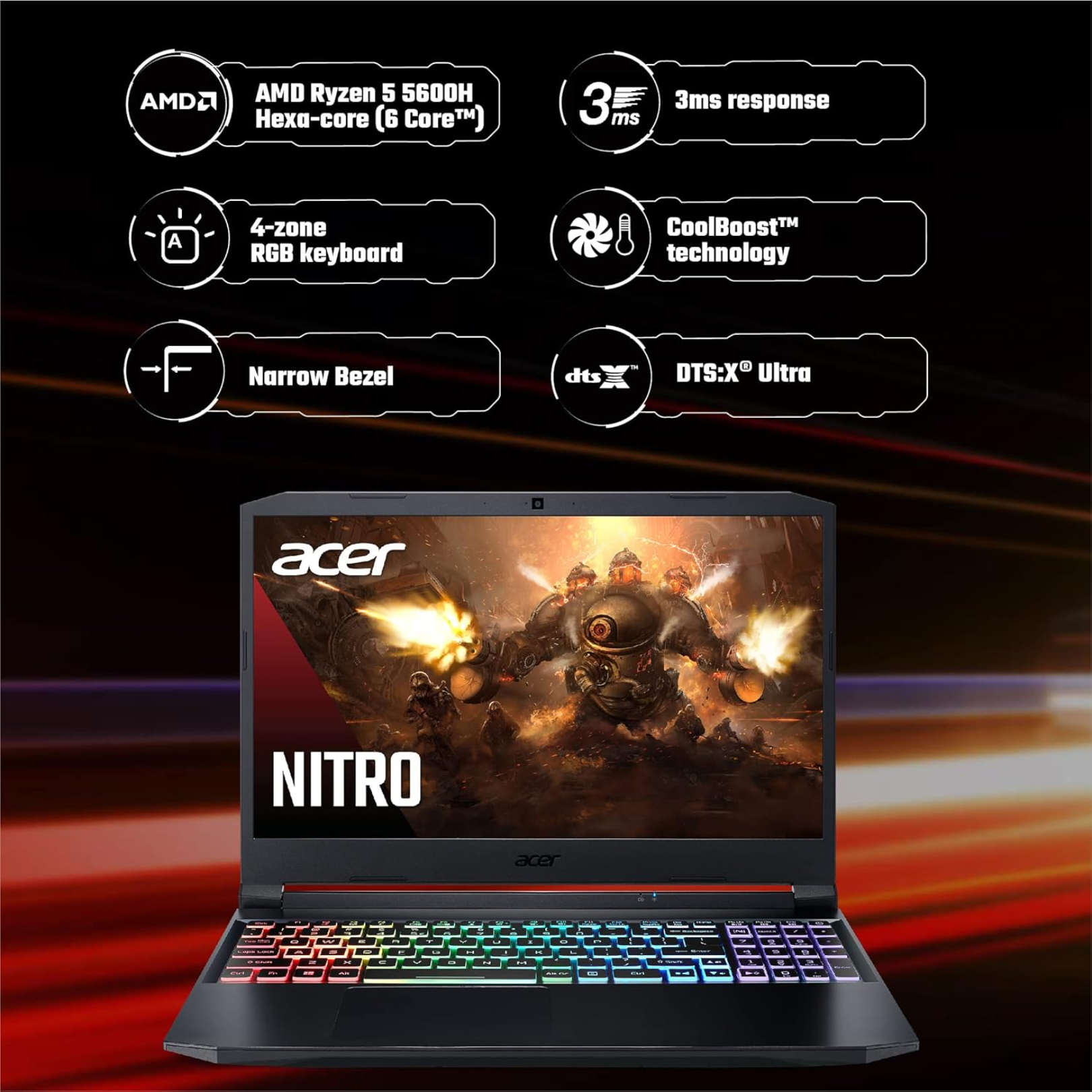 Acer Nitro 5, AMD Ryzen 5 5600H, 8GB RAM, 512GB SSD, RTX 3050 4GB, 15.6" FHD, Win 11, Gaming Laptop, Shale Black, AN515-45, 2.2 kg - Get Like New